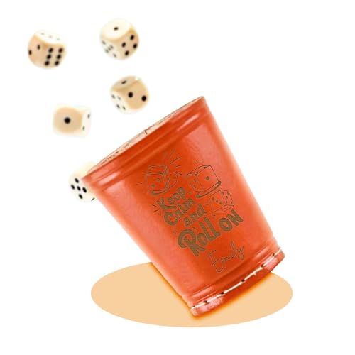 Diamandi PERSONALISIERTER Echtleder Würfelbecher Orange - Inkl. 5 Würfel | Wunsch-Gravur mit Name & Motiv | Robuster Knobelbecher für Schocken & Würfel-Klassiker