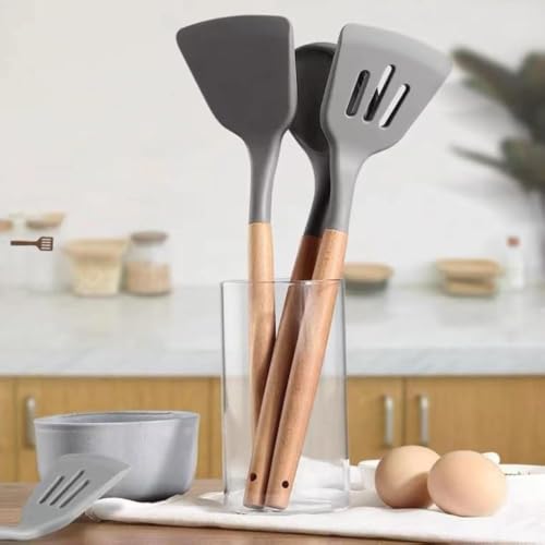 Image of Silicone Spatula Set, Spatula Set with Wooden Handle for Cooking and Mixing, for Non Stick Pan, Kitchen Tools Set of (3, Grey)