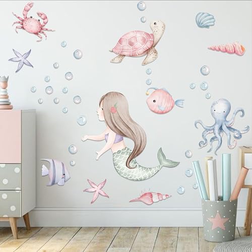 Under The Sea Mermaid Wall Decals - Ocean Fish Turtle Wall Stickers Bathroom Girls Bedroom Baby Nursery Wall Decoration,Sea Animals Wall Stickers
