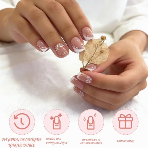 Floruvia 24 pièces ongles carrés courts français imprimés, faux ongles nude avec pointe française blanche et design minimaliste lignes en violet et or – vue 6