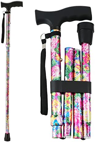 LIXIANG Walking Cane, 5-Level Height Adjustable Folding Walking Stick for Men & Women with Comfortable Plastic T-Handle Portable Walking Stick, Rosy Floral Printing