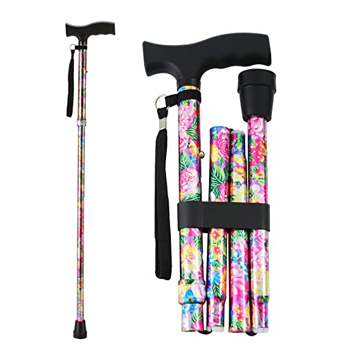 Lixiang Walking Cane, 5-Level Height Adjustable Folding Walking Stick For Men & Women With Comfortable Plastic T-Handle Portable Walking Stick, Rosy Floral Printing #TOP16
