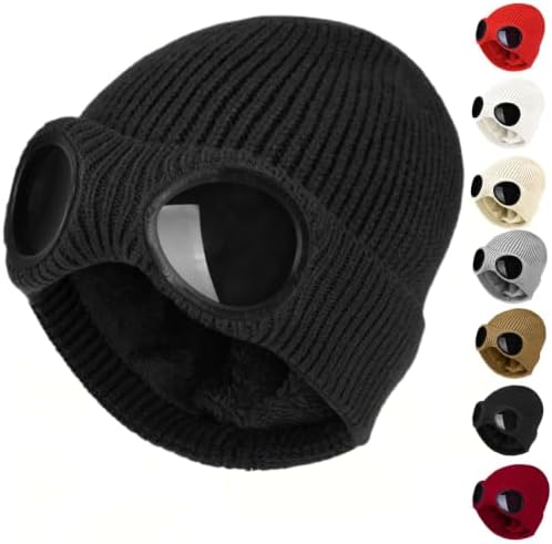 Beanie with Goggles, Unisex Knit Beanie with Goggle Hat (Black)