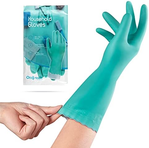 OriStout Household Cleaning Gloves Latex Free, Reusable Dishwashing Gloves Medium, for Kitchen, Bathroom, Cotton Lining, 1 Pair, Green, Medium