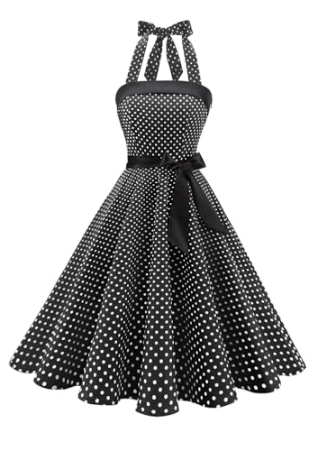 Timormode Damen Vintage Cocktailkleid Knielang Neckholder Swing Retro Rockabilly Kleid L Klein Schwarz Weiß