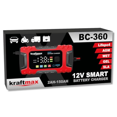 Kraftmax BC-360 6A Autobatterie Ladegerät vollautomatisches 12V Smart KFZ Batterieladegerät, mit Temperaturkompensation – geeignet für Auto, LKW, Motorrad, Rasenmäher, Boot und Marine Batterien.
