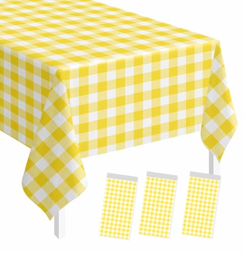 Image of SietDESEO 3 Pack Yellow Gingham Tablecloth Rectangle 54 x 108 Yellow and White Checkered Table Cloth Disposable Plaid Table Cover Plastic for Birthday Baby Shower Picnic Wedding Party Supplies