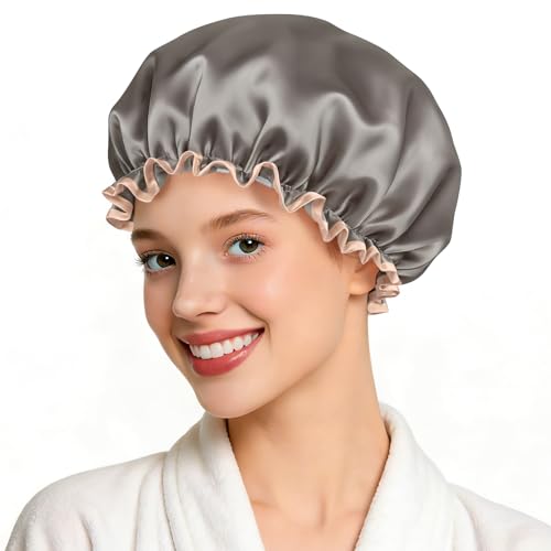 Shower Caps for Women Reusable Satin Bonnet Double Layer Waterproof Bonnet Hair Cap Protects Hair In Shower Spa Cooking Clean & Travel (Siliver Grey)