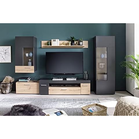 ModaNuvo 'Bella' Rustic Oak & Anthracite Grey TV Multi-Media Entertainment Wall Unit Living Room Furniture Set Cover