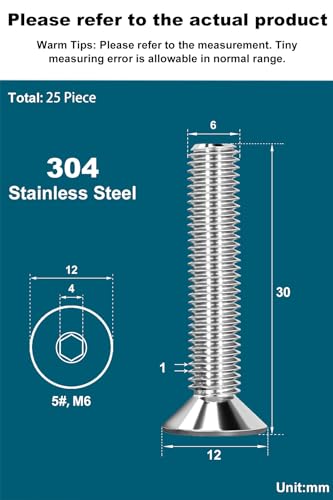 Drenky Socket Screws M6 X 30mm 304 Stainless Steel M6 Bolts Screws Countersunk DIN 7991 / ISO 10642 Machine Screws Flat Head Hex Socket Cap Screws (Pack of 25) - Image 2
