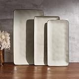 famiware Serving Platter, Rectangular 15.67/14.1/12.6inch Serving Dishes for Entertaining, Dishwasher Safe, Stoneware Serving Trays for Party, Food, Turkey, Snack, Cheese, Reactive Glaze, Light Khaki