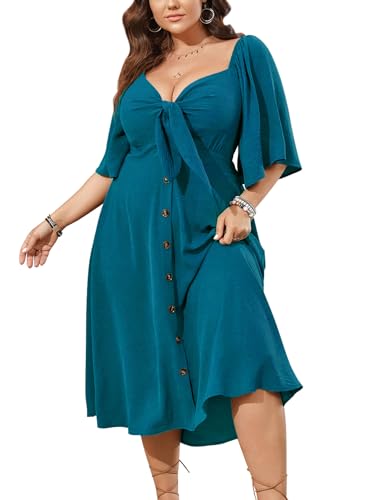 Image of SCOMCHIC Plus Size Summer Dress Casual Short Sleeve Bow Tie Deep V Neck Smocked Button Down Midi Flowy A-line Boho Dresses