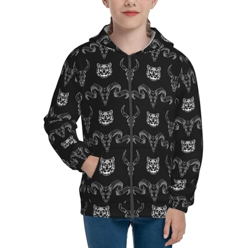 Ram and Tiger Skulls Kid Hoodies Boys Zip Up Sweatshirts Girls Pullover with Pocket3