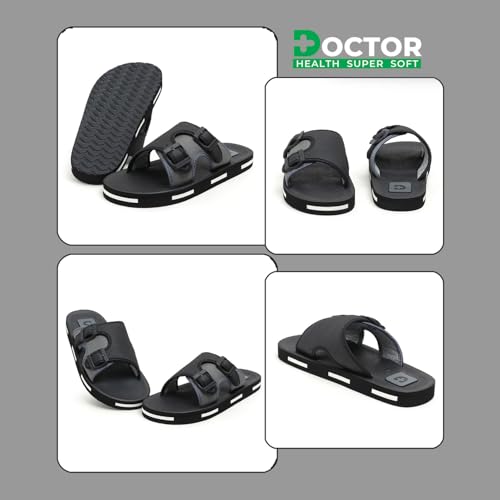 Image of DOCTOR HEALTH SUPER SOFT Men Comfortable Double Strap Slippers with Adjustable Buckles, Cushioned Footbed and Anti Slip Sole, Casual Everyday Wear Sliders for Indoor and Outdoor Use