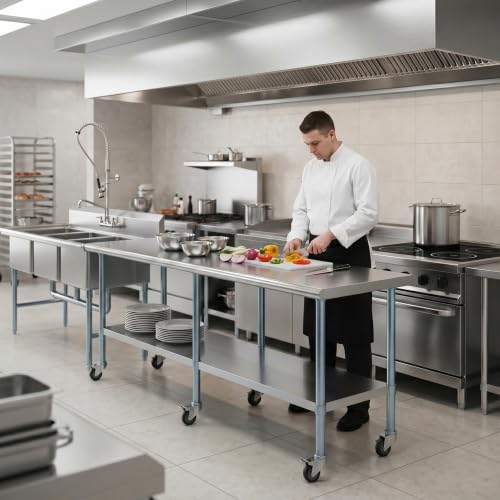 Image of AmGood 84 inch Long x 24 inch Deep Stainless Steel Table with Casters
