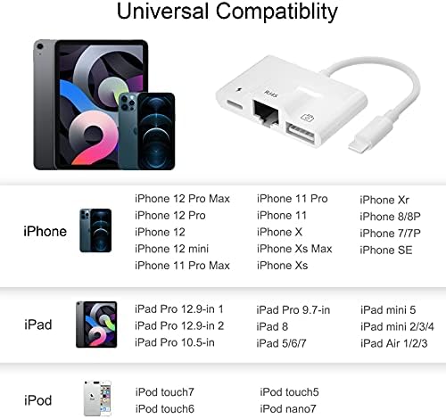 Lighting to Ethernet Adapter, 3 in1 RJ45 Ethernet LAN Wired Network Adapter with Charging Port and USB 3.0 Port Adapter, 10/100Mbps High Speed Compatible with iPhone/i-Pad, Support iOS 10-iOS15
