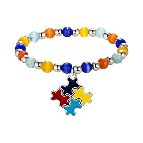 FERVENT LOVE Autism Awareness Bracelet, Colorful Bead Stretch Bracelet With Puzzle Piece Pendant, FLBR02A