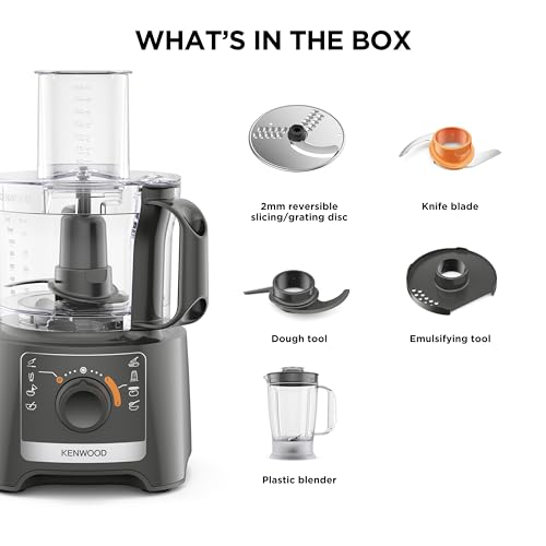 Kenwood MultiPro Compact FDP31.170GY, Food Processor with Blending Blade, Kneading Function, and Slicing Disc, 1.2L Blender, 2 Speeds + Pulse, 2.1L Bowl, 800W, Grey