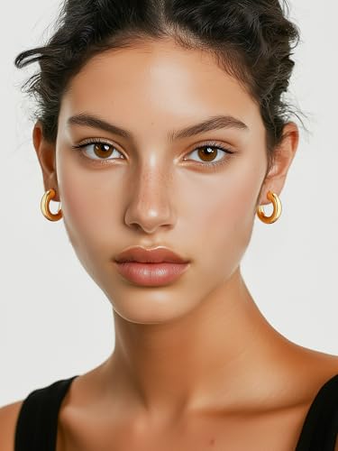 Image of Stainless Steel Chunky Hoop Earrings For Women, Minimalist and Chic, Black /Gold Plated, Round Hoops Earrings Hypoallergenic, Size: 30mm /40mm /60mm /80mm, Come with Box