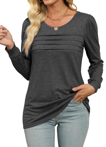 JomeDesign Womens Tops Long Sleeve Crew Neck Shirts Puff Sleeve Casual Tshirts2