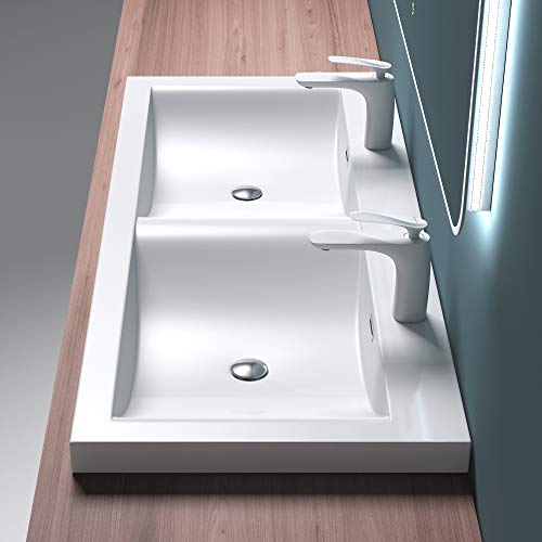 Mai & Mai Einbau-Waschbecken Waschtisch 2 Becken Mineralguss rechteckig 2 Armaturenlöcher Überlauffunktion BxTxH 120x48x12 cm Col03