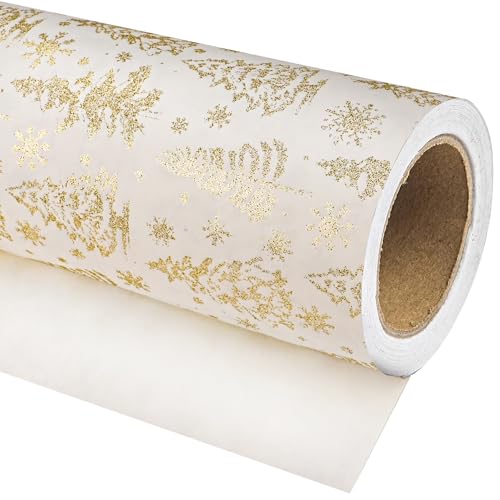 Dlyrroba Reversible Wrapping Paper Roll - Silver Metallic Foil Gift Wrap with Trees, Stripes Design for Holiday Winter (White Gold Christmas Tree, 17 inch X 16.5feet)