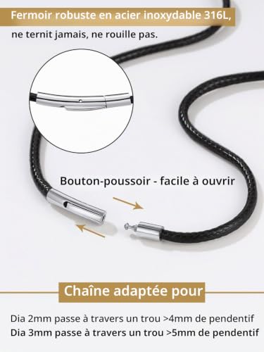 FindChic Colliers Cuir Cordon en Collier pour Pendentif Femme Homme Chaîne Noir/Marron Ras de Cou Épaisseur 2/3mm Waterproof Boutton Rotatif avec Fermoir Acier Inoxydable Longueur 40cm-75cm – vue 2