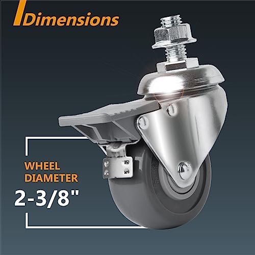 POWERTEC 2-1/2 Inch Threaded Stem Caster Wheels Set of 4 with Brake & 400 lbs Loads, Heavy Duty 1/2"-13 x 1" Stem Casters, Dual Locking TPR Rubber Castor Wheels for Furniture, Cart, Dolly & Workbench by POWERTEC - Image 2