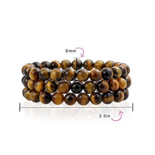 Bling Jewelry Set Of 3 Brown Tiger Eye Round Bead 8Mm Stretch Bracelet For Women Teen For Men Multi Strand Stackable Adjustable #TOP3