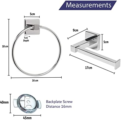 Home Treats Silver Square Bathroom Toilet Roll Holder & Towel Ring Set