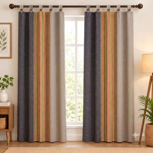 Image of Yaweh Cotton Striped Room Darkening Loop Type Door Curtain- 4 Ft X 6.7 5 Ft Set of 2 Pieces(Beige), Opaque, Tab Top Curtains