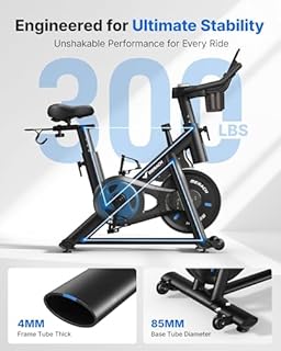 Merach Exercise Bike, Magnetic Stationary Bike with Exclusive App, Low Noise Indoor Cycling Bike with 300lbs Weight Capacity, Dumbbell Rack and Free Fitness Courses