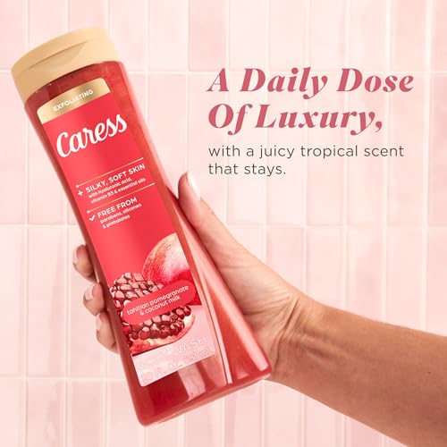 Image of Caress Tahitian Pomegranate & Coconut Milk Exfoliating Scrub Body Wash with Hyaluronic Acid & Vitamin B3 for Moisturized, Silky Soft Skin, Long-Lasting Fragrance, 20 fl oz (4 Pack)