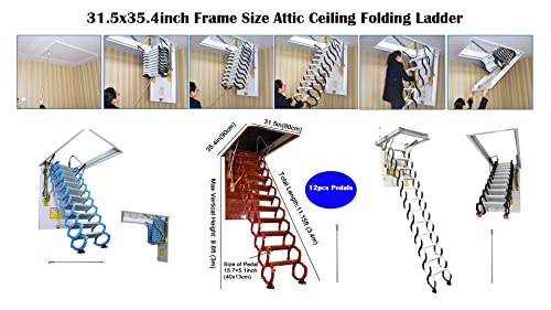 Intbuying Ceiling Retractable Folding Loft Pull Down Ladder, 31.5X35.4In(80X90Cm) Frame Size Attic Foldable Extension Carbon Steel Stairs, Concealment Steps Max 9.8Ft Vertial Height 12 Pedals Blue #TOP1