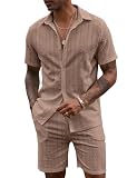URRU Men's 2 Piece Short Set Summer Beach Outfits Ultra Breathable Hollow Out Jacquard Button Down Shirt and Shorts Matching Sets, Light Coffee, Medium