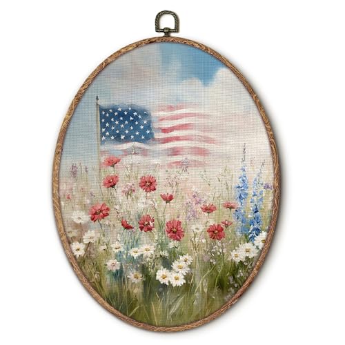 Hxlac Americana Decor, Vintage Wildflower Patriotic American Flag Oval Wall Art Framed, Vintage 4th of July Decor, Rustic Cottagecore Wall Sculptures for Home Bedroom Living Room Decor, 8.5x11.5 Inch