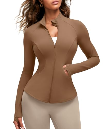G4Free Zip Up Workout Jacket Women with Thumbholes Mock Neck Long Sleeve Slim Fit Hip Length Running Gym Tops with Pockets (Dark Coffee,XXL)