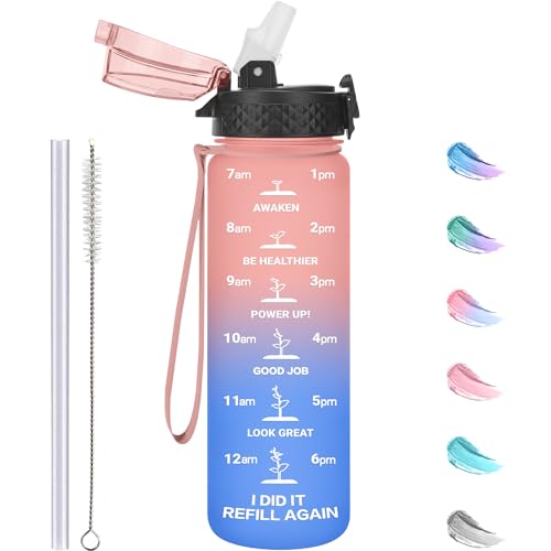 Image of GOPPUS 500ml/17oz Kids Water Bottles with Straw Tritan Childrens Bottle with Flip Top Lid BPA Free Measured Drinks Bottle with Strap Sports Reusable Time Markings Leakproof (Pink Blue)
