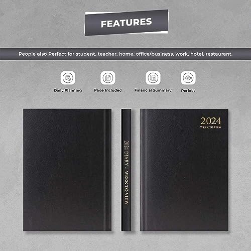 VR Angel 2024 A5 Week to View Diary Hard Backed Desk Diary Productivity A5 weekly Planner For Home Office and School Use - 60 gsm Paper (Black)
