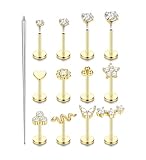 ZELORES Pendientes de tuerca de acero quirúrgico 316L, con parte trasera plana, de 16 G, 18 G, para labio, hélice, tragus, labio, hélice, tragus, piercing, Acero inoxidable, Circonia cúbica