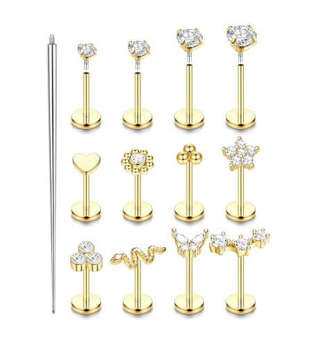 ZELORES 16G 18G Flat Back Earrings 316L Stainless Steel Internally Threaded Flat Back Stud Earrings Labret Cartilage Stud Lip Helix Conch Tragus Piercing Jewelry Gold Silver(18K Gold Plated, 18G)