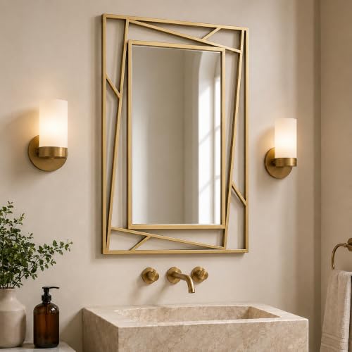 NXHOME Brushed Gold Bathroom Mirror, 28''X20'' Rectangular Wall Mirrors with Geometric Metal Frame for Bathroom Bedroom Living Room, Hang Horizontally or Vertically
