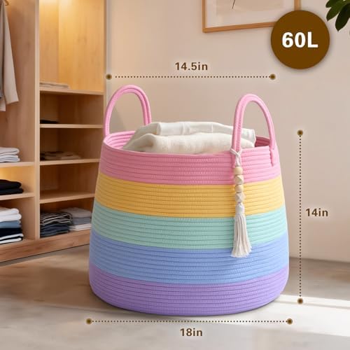 Large Nursery Hamper, 60L Blanket Basket with Handle, Baby Laundry Basket for Gift, Toy, Clothes, Woven Storage Basket with Wooden Bead Decor, Baby Hamper for Nursery(Rainbow) — 사진 5