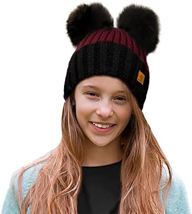 4sold Ribbed Striped Thermal Insulating Bobble Funny Beanie Baby Kids Girls Boys Hat Wool Knitted with Pom Pom Winter Warm SKI Snowboard Hats