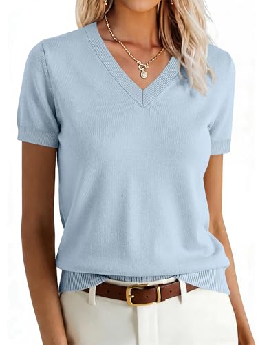 ANRABESS Women Wool Blend Sweater Summer 2026 Short Sleeve V Neck Pullover Top Business Casual Outfit Beach Vacation Clothes Light Blue Large