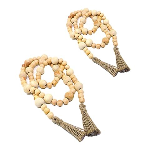 Heavenera 58in Pack of 2 Farmhouse Wood Bead Garland Tassels Rustic Natural Wall Hanging Home Decor Prayer Bead Boho Jute Rope Wood Bead Tassel Country Coffee Table Tray Decor (58", 2 pcs) Cover