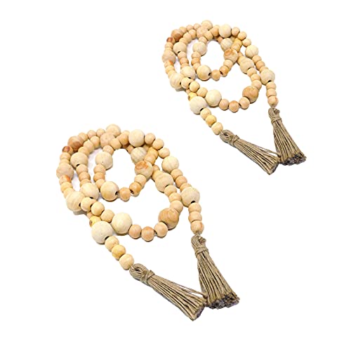 Heavenera 58 Inch Pack Of 2 Farmhouse Wood Bead Garland With Tassels Rustic Natural Wall Hanging Home Decor Prayer Bead Boho Jute Rope Wood Bead Tassel Country Coffee Table Tray Decor (58", 2 Pcs) #TOP12