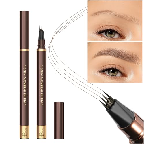 2 Pack 4-Tip Microblading Eyebrow Pen with 2 Brow Brushes, Waterproof Vegan Formula Eyebrow Pencils for Women to Effortlessly Create Natural Hair-Like Strokes, All-Day Wear (Light Brown)