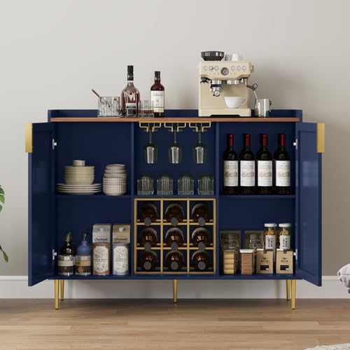 Image of ARTPOWER 48 inch Wine Bar Cabinet with Fluted Texture, Modern Buffet Sideboard with Wine Rack and Glass Holder, Liquor Coffee Station with Storage for Kitchen, Living Room, Home Bar, Blue