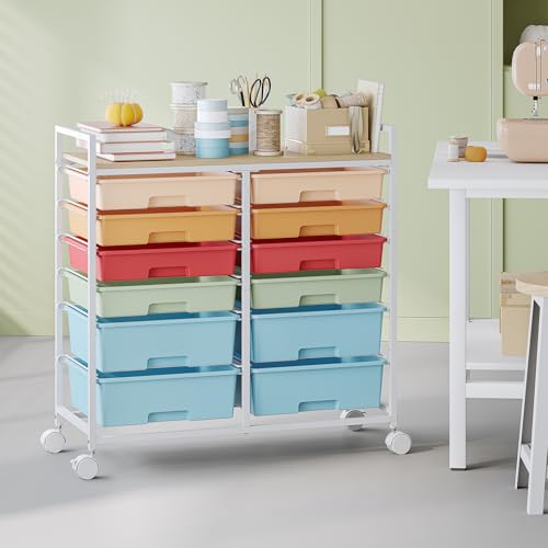 12-Schubladen-Rollwagen-Rollcontainer-Badrollwagen-Kunststoff， Vielseitiger Bastelwagen, Werkzeug- und Aufbewahrungswagen mit holzähnlicher Arbeitsplatte für Bad, Küche, Wohnzimmer,Büro, Mehrfarbig